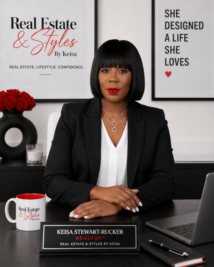 Professional portrait of REALTOR® Keisa Stewart-Rucker seated at a modern office desk, wearing a black blazer and white blouse. The office features red and black branding, a laptop, notebook, and a branded coffee mug. Framed wall art displays “Real Estate & Styles by Keisa” and an inspirational message. The image conveys professionalism, confidence, and expertise in real estate, branding, and lifestyle services.