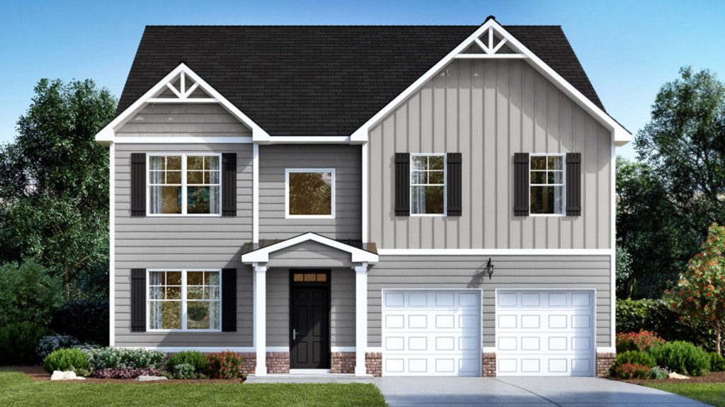 Modern two-story gray new construction home with white trim, black shutters, and a two-car garage. The exterior features a combination of horizontal lap siding and vertical board-and-batten accents, a covered front entry, landscaped flower beds, and a well-maintained front lawn under a clear blue sky